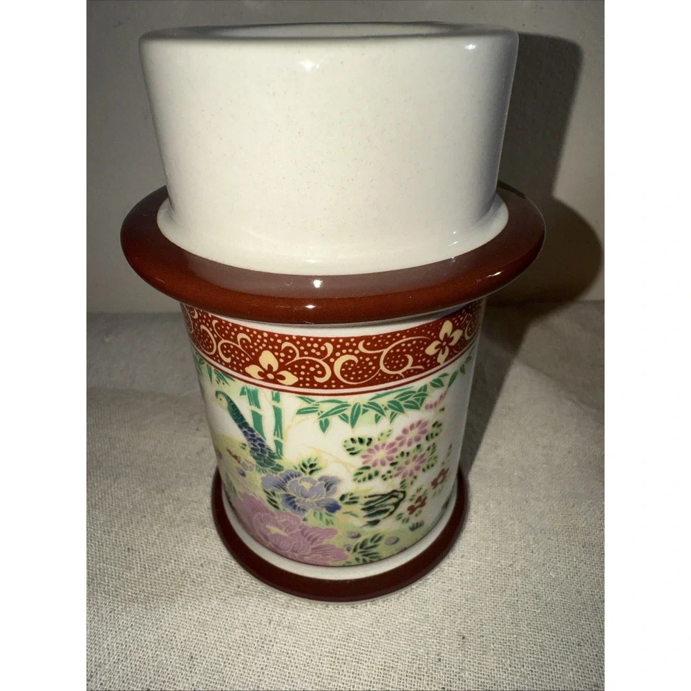Vintage Asian Motif Porcelain Colonial Candle Holder Cape Cod‎ Peacocks Flowers